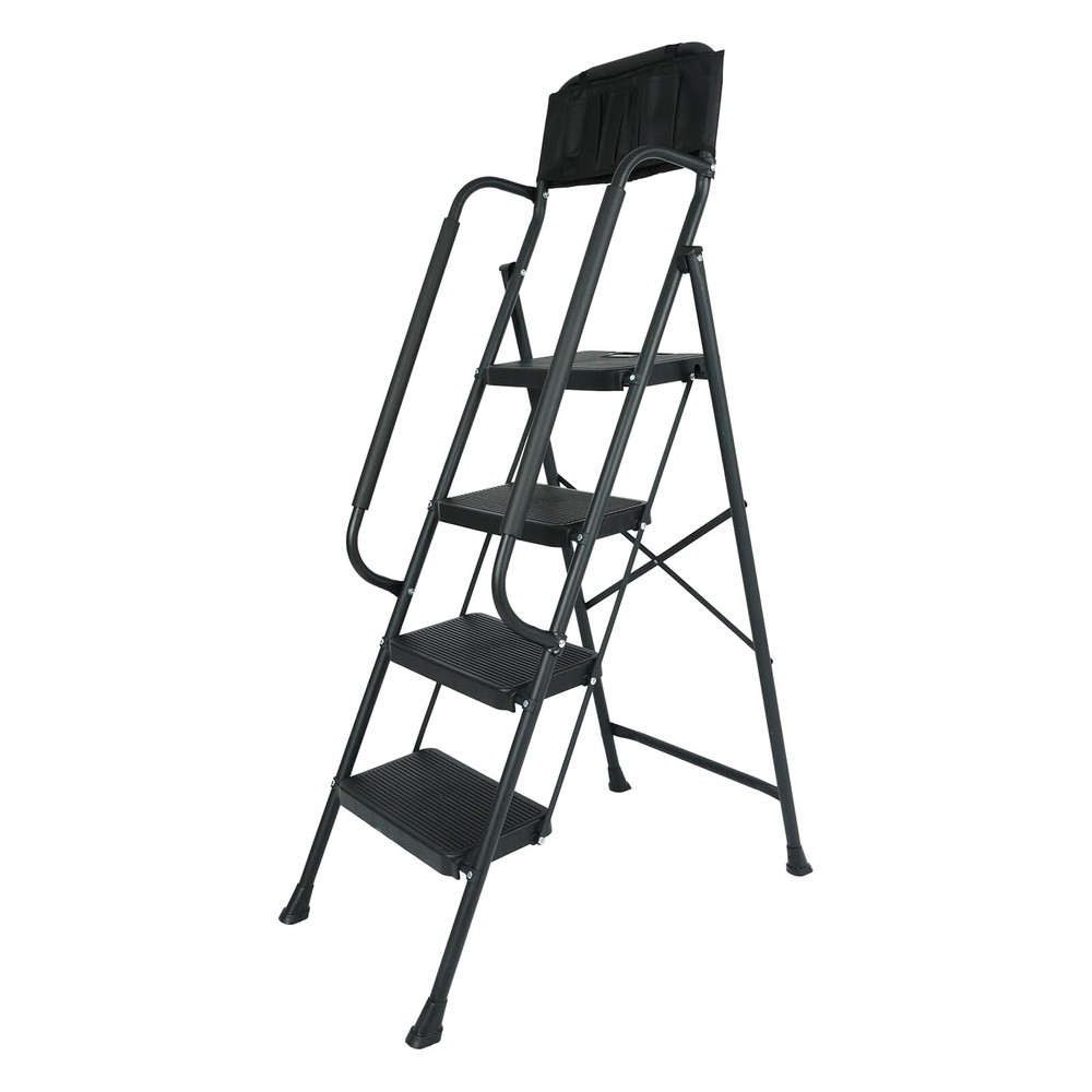 4 Step stool Ladder with Handrails 330 lbs folding Attachable Tool Black