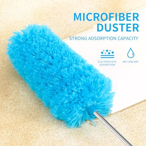 Mini Microfiber Duster for Cleaning, Hand Duster with Extension Pole, Blue Grey