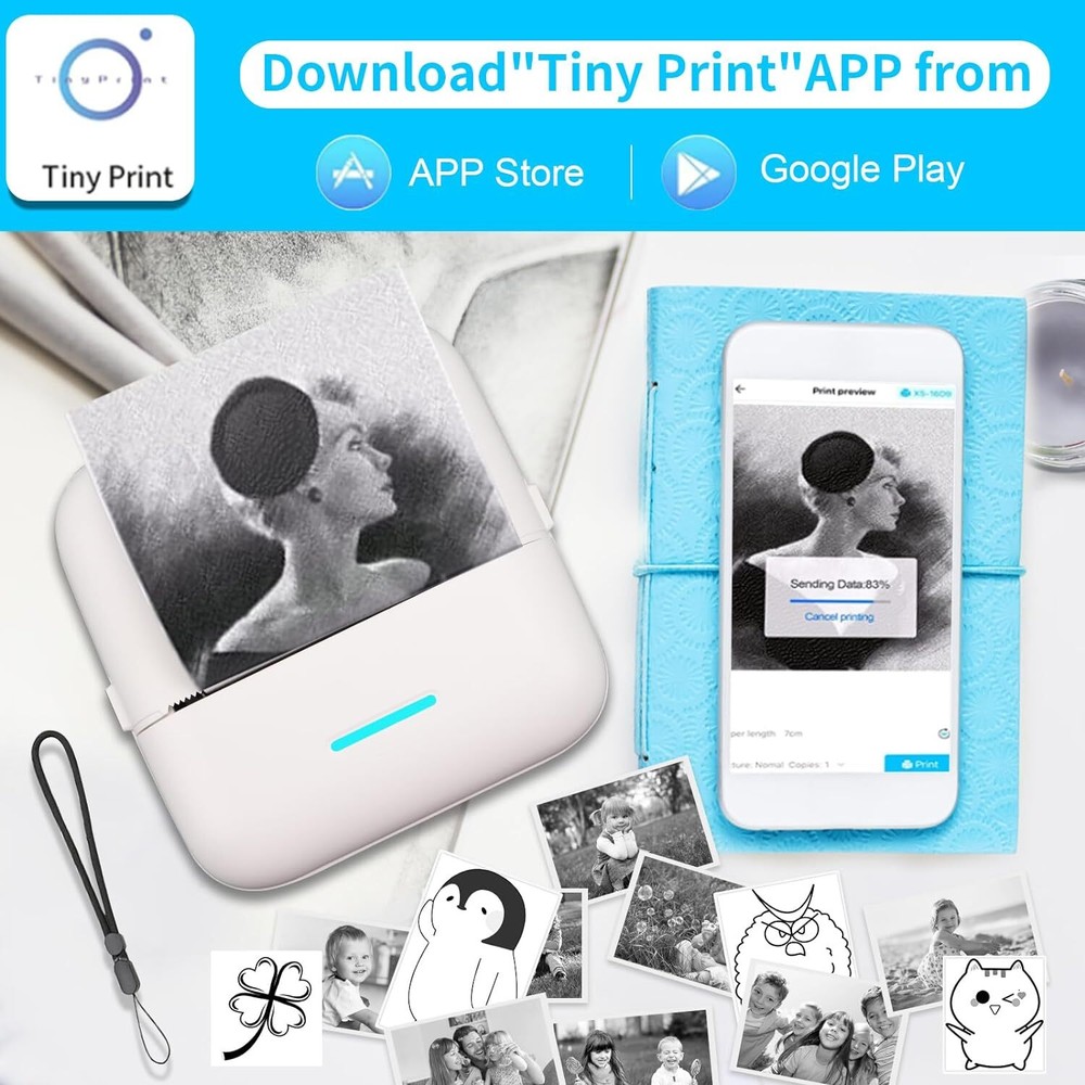 Mini Sticker Printer - Bluetooth Smart Pocket Inkless Thermal Printer w/10 Rolls