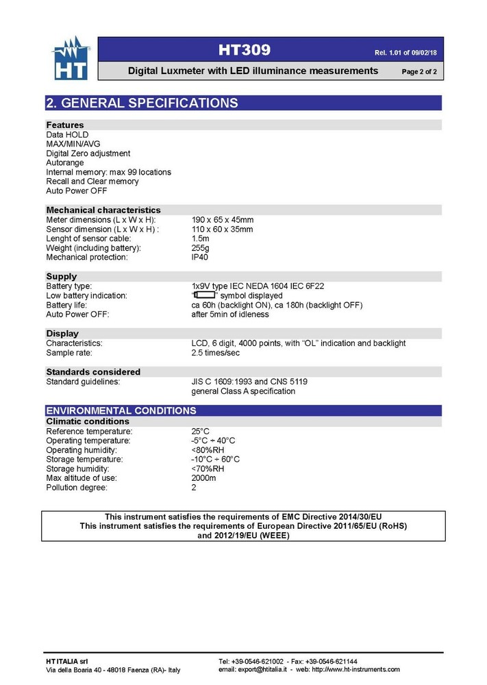 HT Instrument HT309 Handheld digital LED-light lux meter