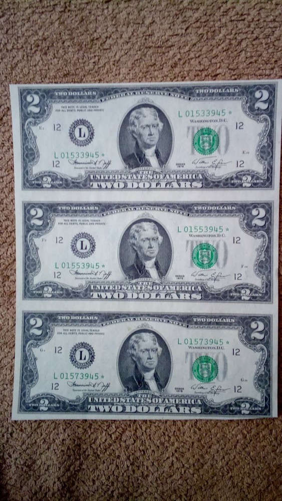1976 $2 TWO DOLLAR THREE UNCUT STAR LOW NUMBER NOTES SHEET,SAN FRANCISCO-ISSUED