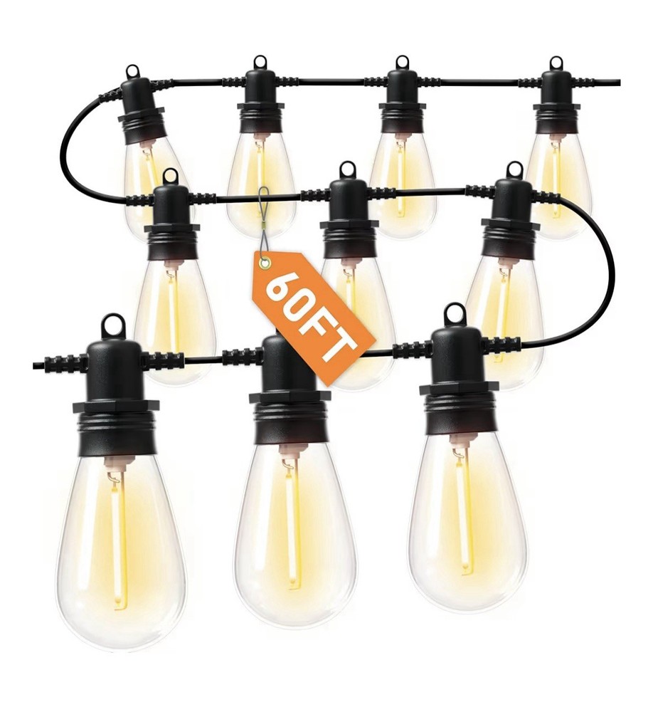 60 FT LED Outdoor String Lights with Edison Shatterproof Bulbs, Weatherproof