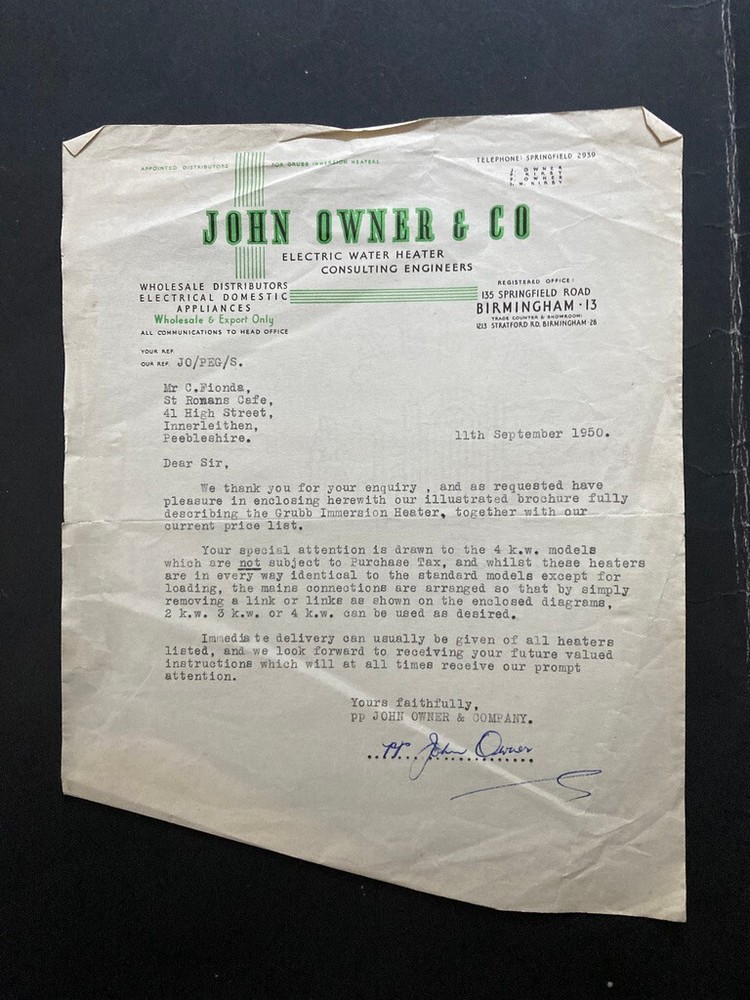 1950 John Owner & Co engineers Birmingham letter