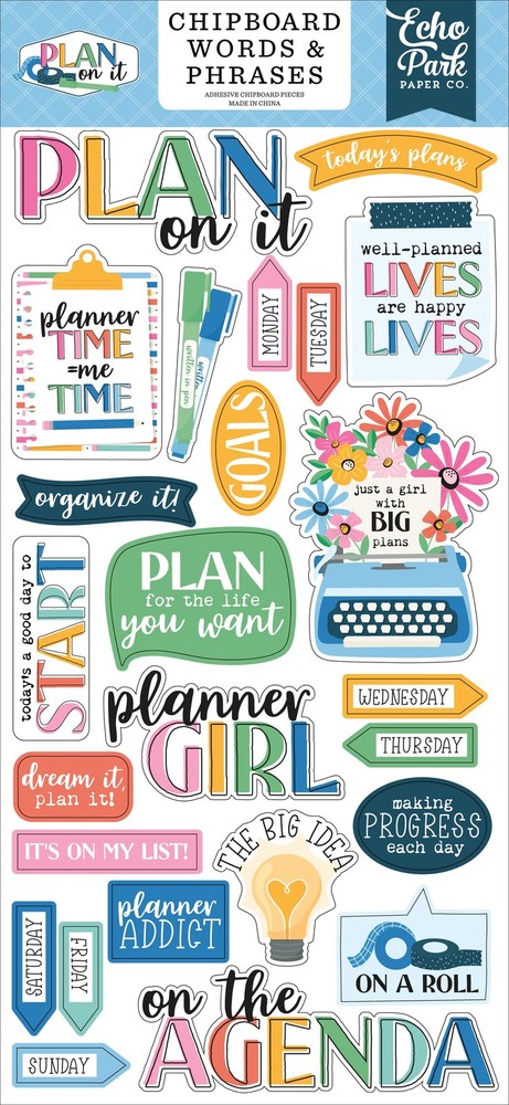Echo Park Chipboard 6"X13"-Word & Phrases, Plan On It - 3 Pack