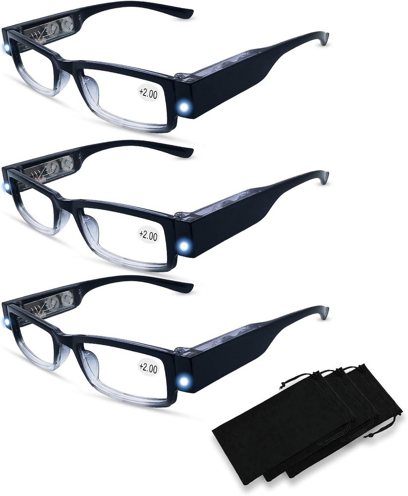 3 Pack Reading Glasses with Lights and Magnifier Black