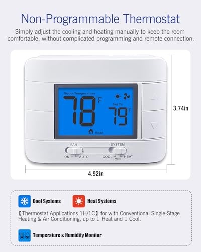 Non Programmable Thermostat for Home 1 Heat/ 1 Cool Single-Stage Blue Backlight