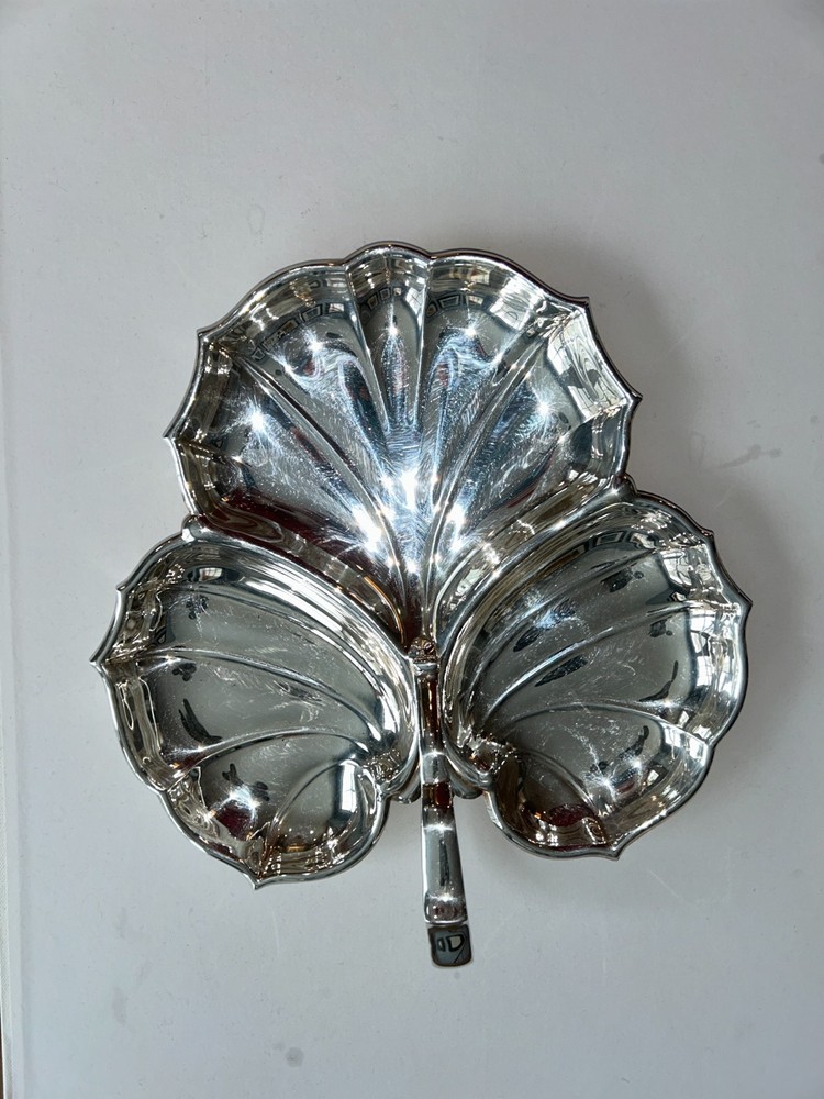 Vintage Crescent Silverplate Triple Leaf Serving Dish with Handle, 10" x 10"