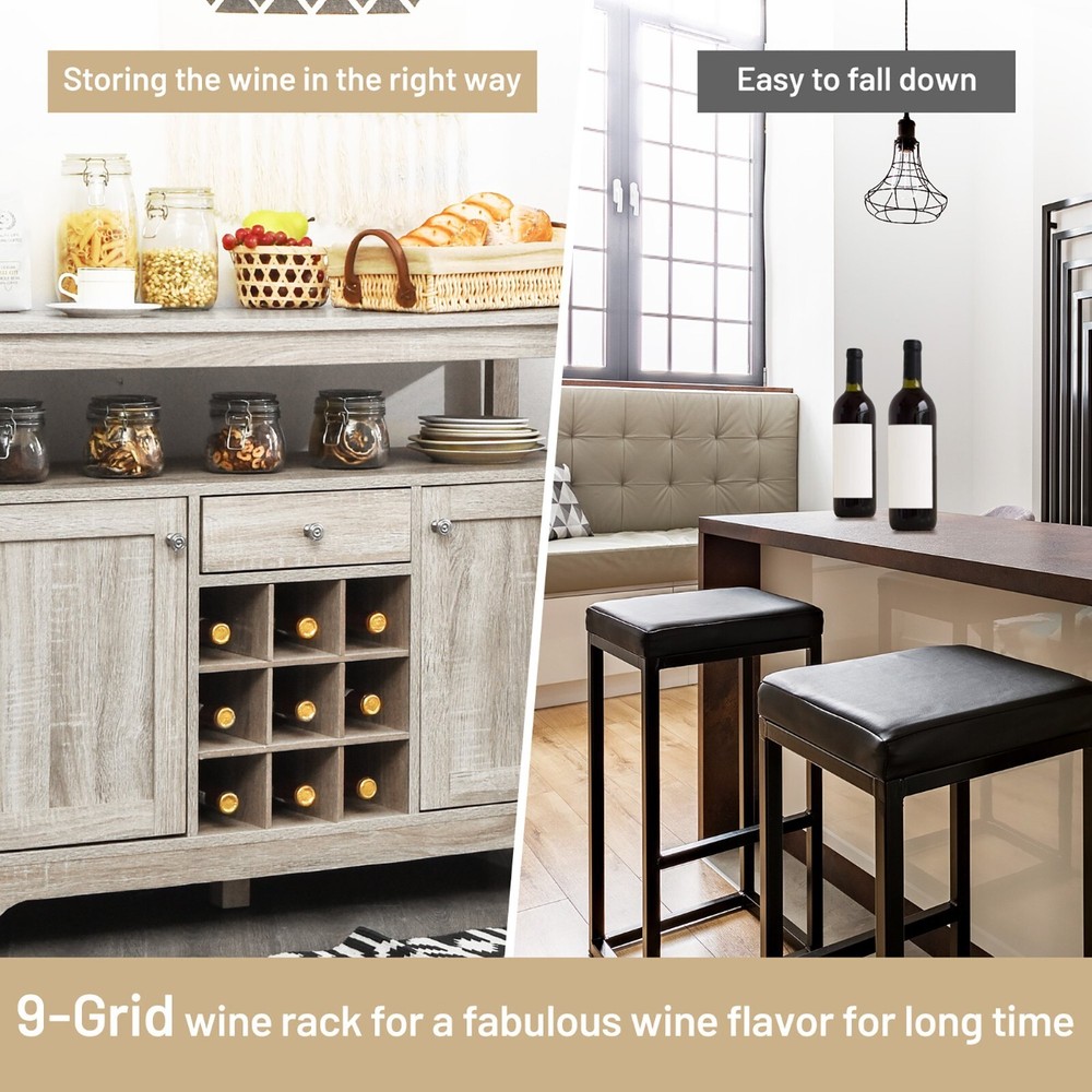 Sideboard Buffet Console Cabinet Table Storage Drawers Shelves Wine Rack Gray