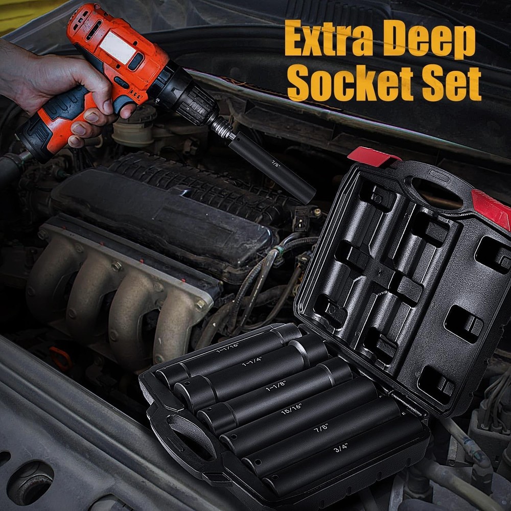 1/2 Inch Drive Extended Length Impact Socket Set 6Pcs, Extra Deep Socket Set Kit