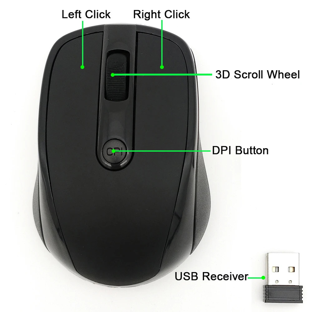 USB Wireless Mouse 2000DPI Adjustable Receiver Optical Computer 2.4GHz Comfort