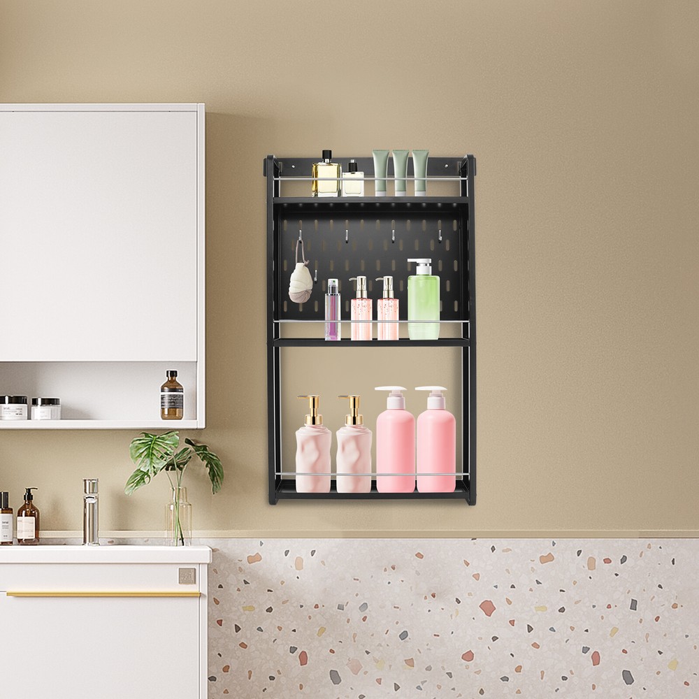 3 Tier Kitchen Storage Rack Wall-mounted Storage Rack w/ 6 Hooks for Home Hotel