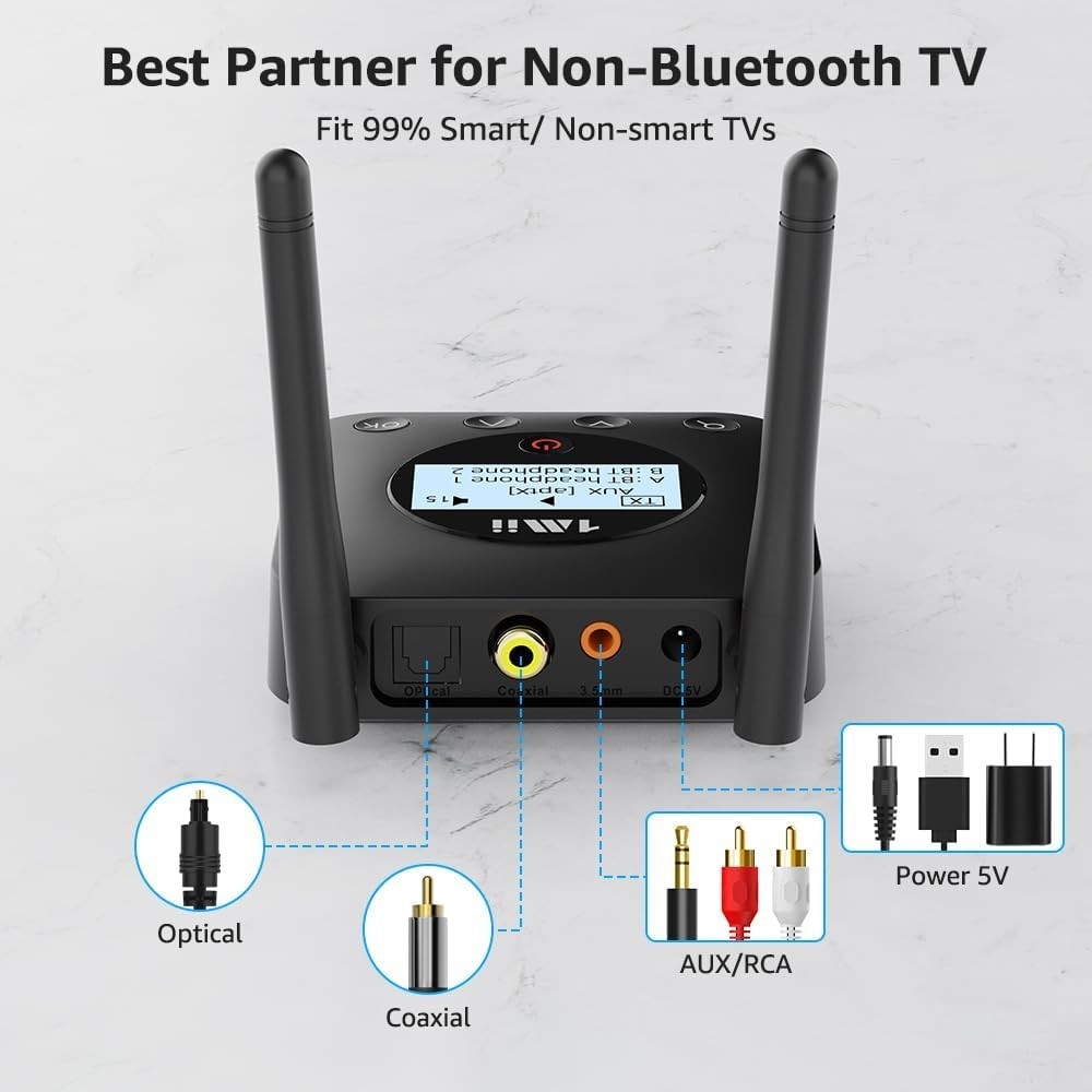 1Mii B06TX+ Long Range Bluetooth 5.3 Transmitter for TV/PC/Projector to 2