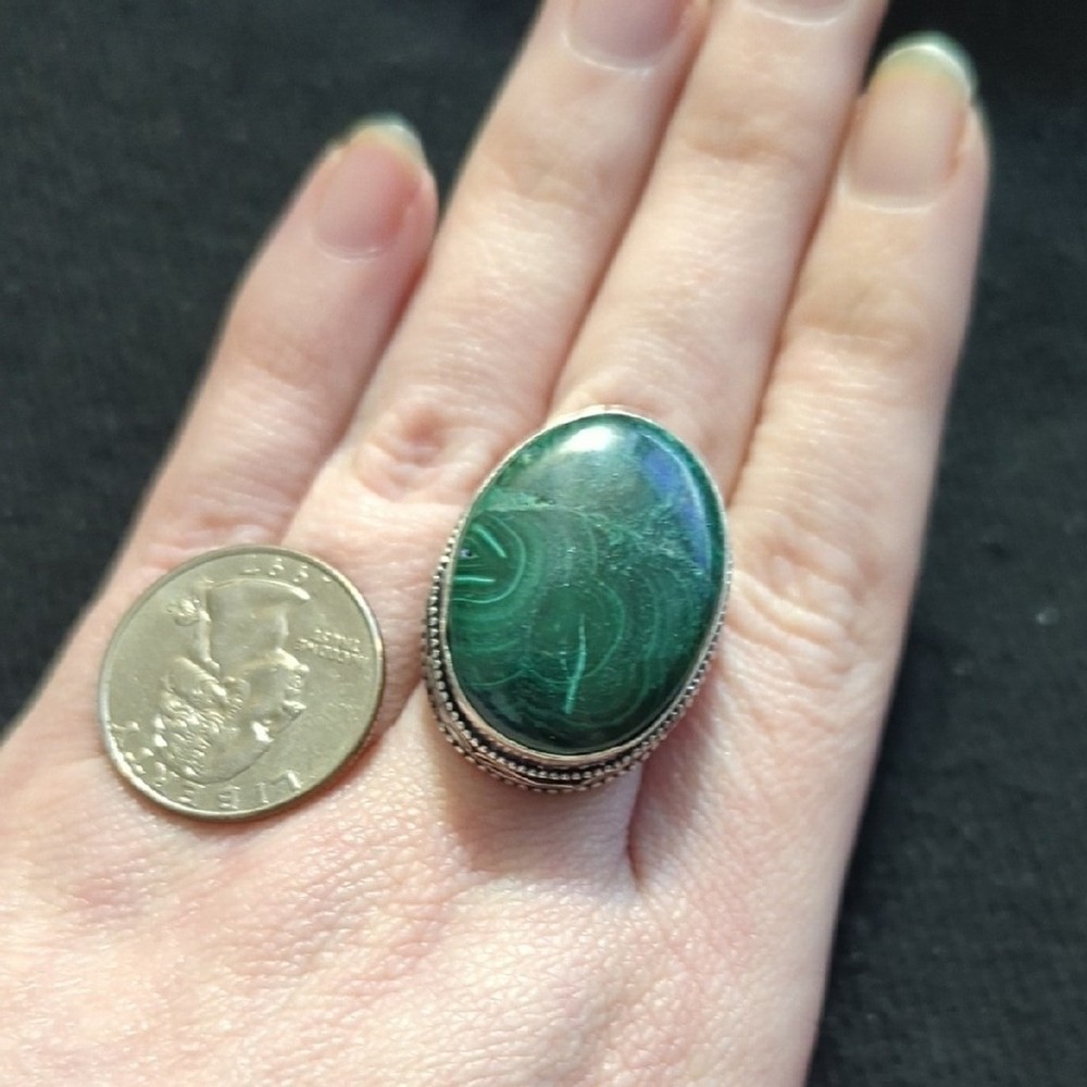 Silver Plated Green Malachite Gemstone Oval Chunky Oversized Statement Ring 7-9