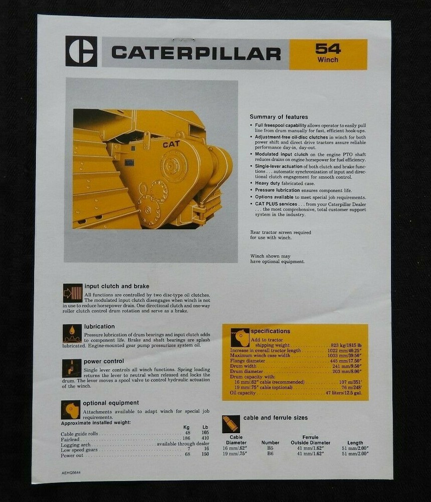 1986 CATERPILLAR D6C TRACTOR "54 WINCH" SPECIFICATIONS BROCHURE