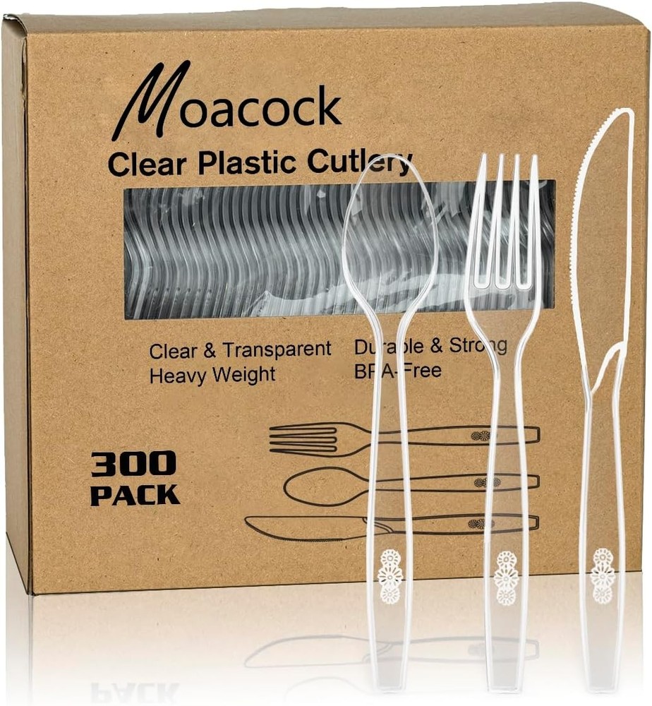 MOACO Clear Plastic Sierware, Heavy Weight Plastic Forks Spoons Knives
