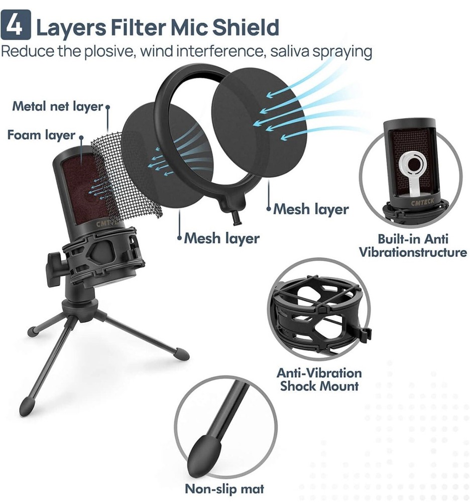 USB Microphone,Podcast Microphone with Pop Filter&Mute Button,Compatible Laptop