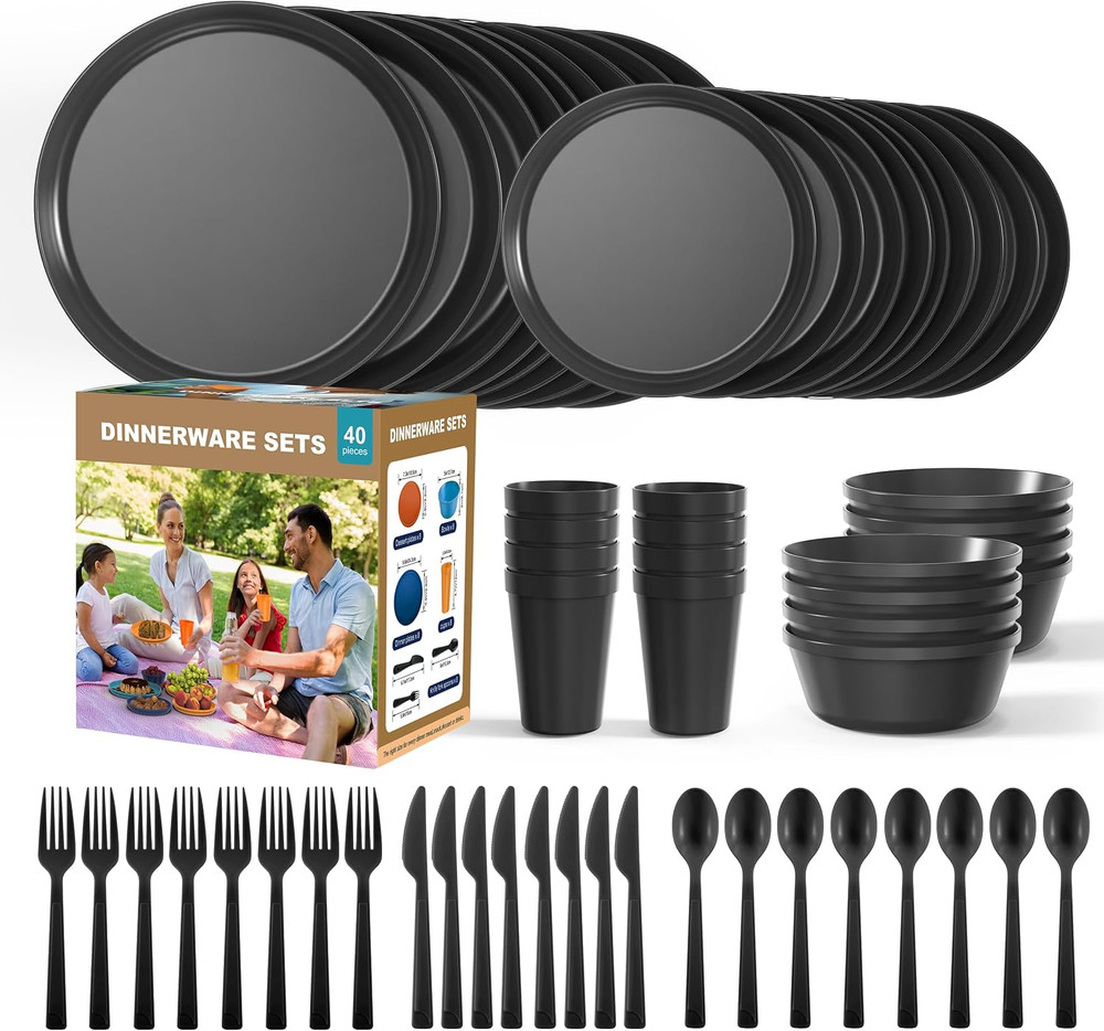 40 Piece Apartment Essentials Dinnerware Set, Stackable Space-Saving Plates & La