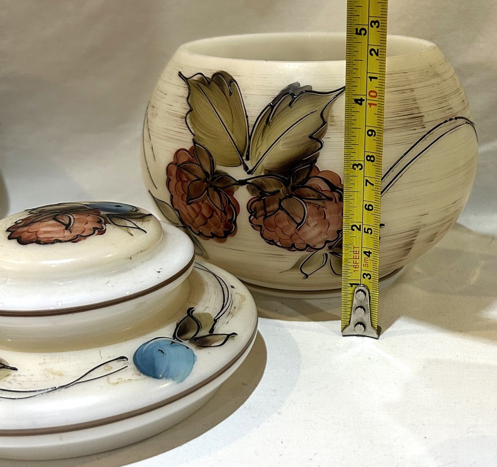 L G Wright Glass Jar Lidded Hand Painted Fruit 6.25" Vintage