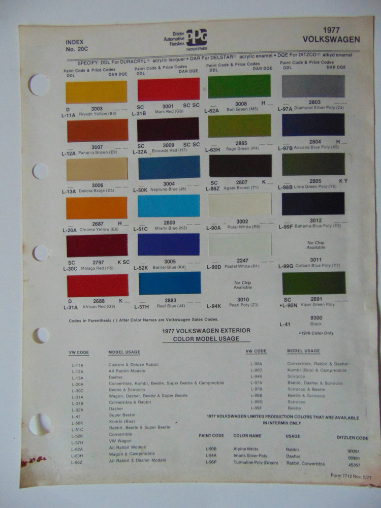 Original 1977 Ditzler Volkswagen Paint Chips Sheet