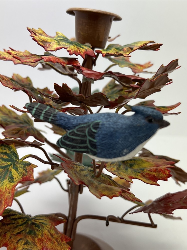 Medium Maple Leaf Taper Candle Holder with wood Blue Jay