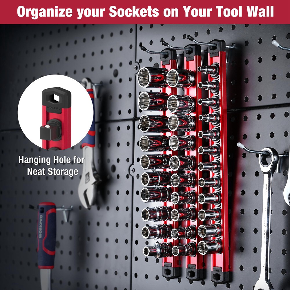 WORKPRO Magnetic Socket Organizer, 3/8-Inch Heavy Duty Socket Holder (Red) NEW