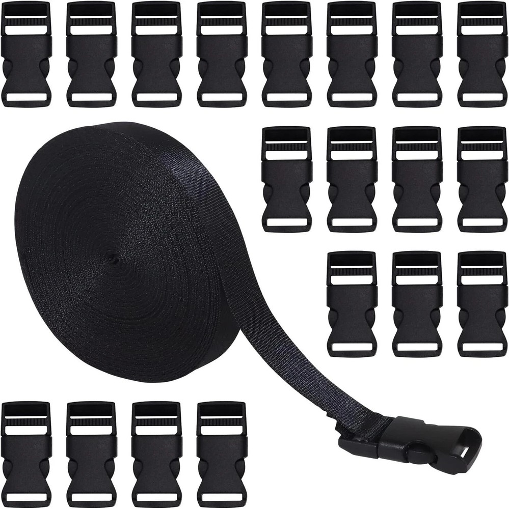 20Pack Plastic Side Release Buckles with 15mm 10Yd Black Nylon Webbing Strap