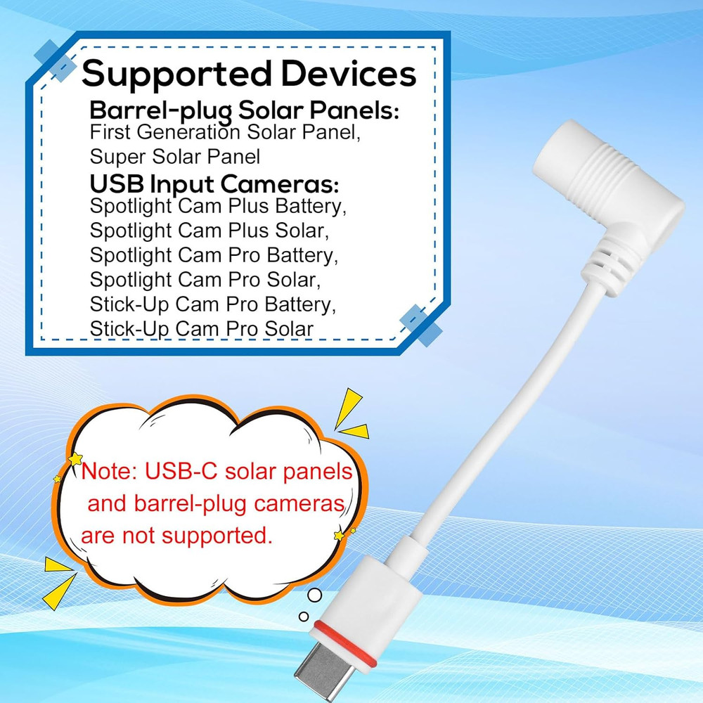 2Pcs Barrel Plug to USB-C Power Adapter for Ring Solar Panel & USB-C Security Ca