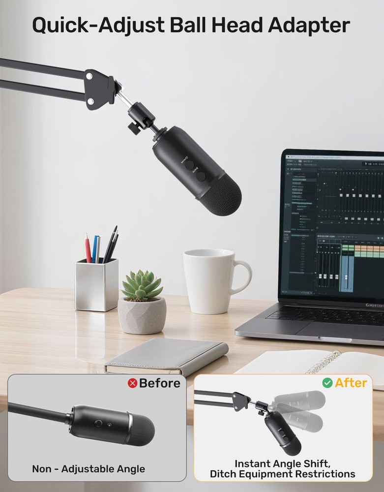Ball and Socket Head Microphone Adapter with Angle Adjustment [All Black
