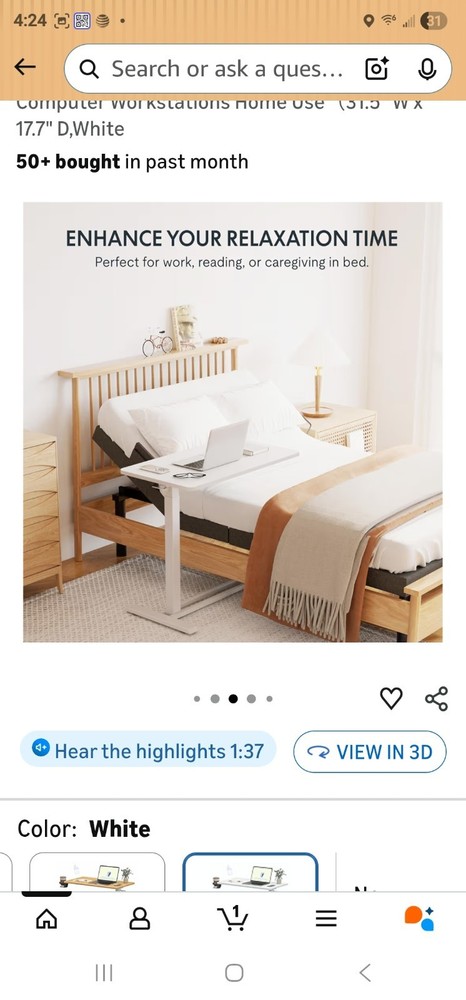 FLEXISPOT H7 White Overbed Bedside Table w Wheels + Pneumatic Adjustable