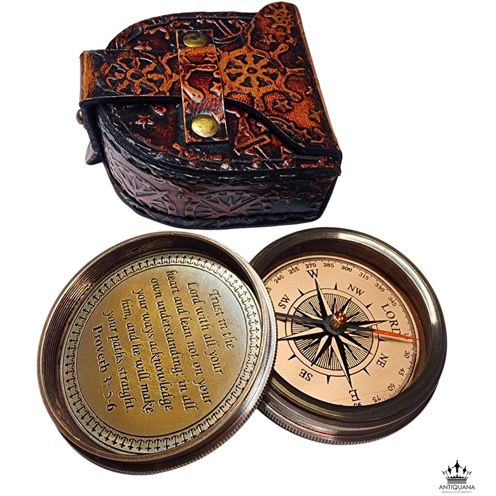 Trust in The Lord Engraved Compass with Authentic Leather Case Brass Compass ...
