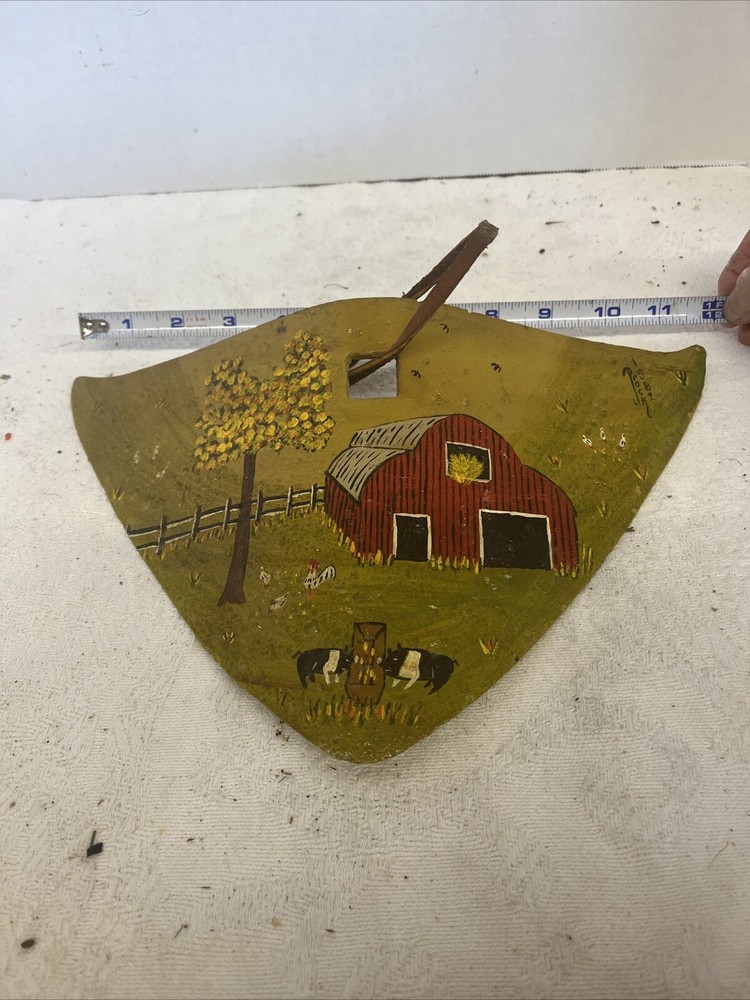 Vtg Hand Painted Plow Blade Red Barn Scene Signed