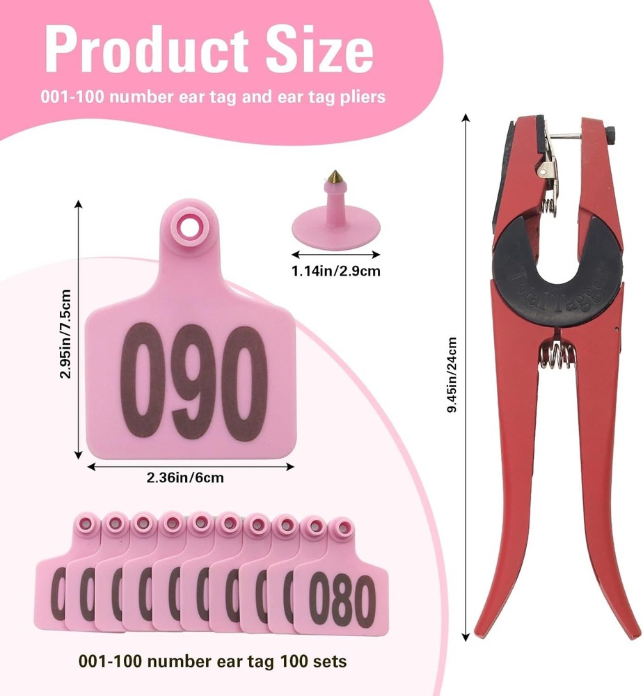 Ranch-Ready Pink Cattle Ear Tags 100 Count – Durable Tags with Applicator