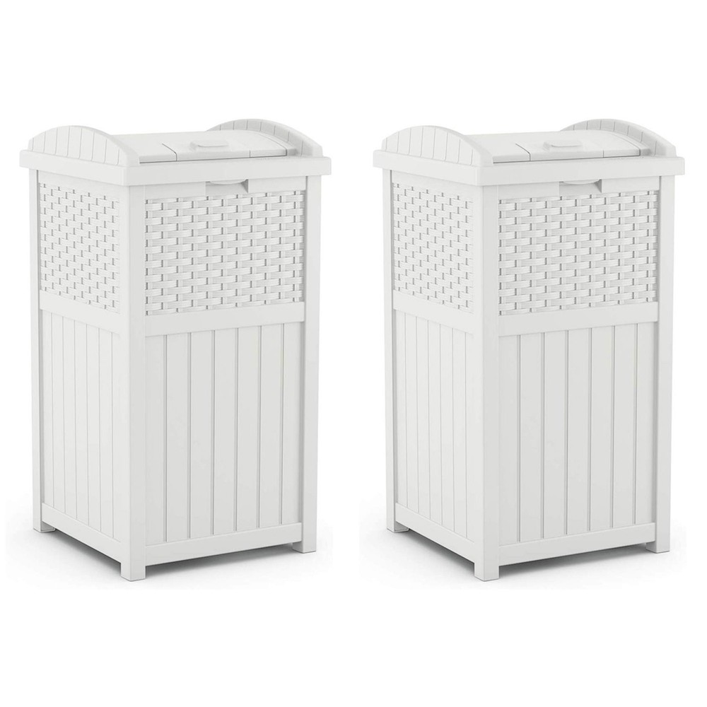 Suncast Wicker Resin Outdoor Hideaway Trash Can Bin with Latching Lid (2 Pack)