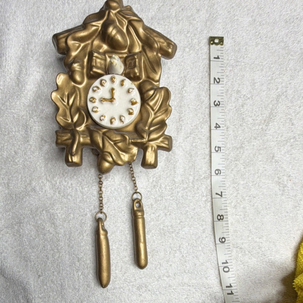 Vintage Gold White Ceramic Cuckoo Clock Black Forest Style with Chains Weights