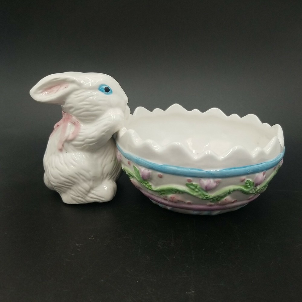 Easter Bunny Looking into Cracked Egg Planter w/Pink Flowers
