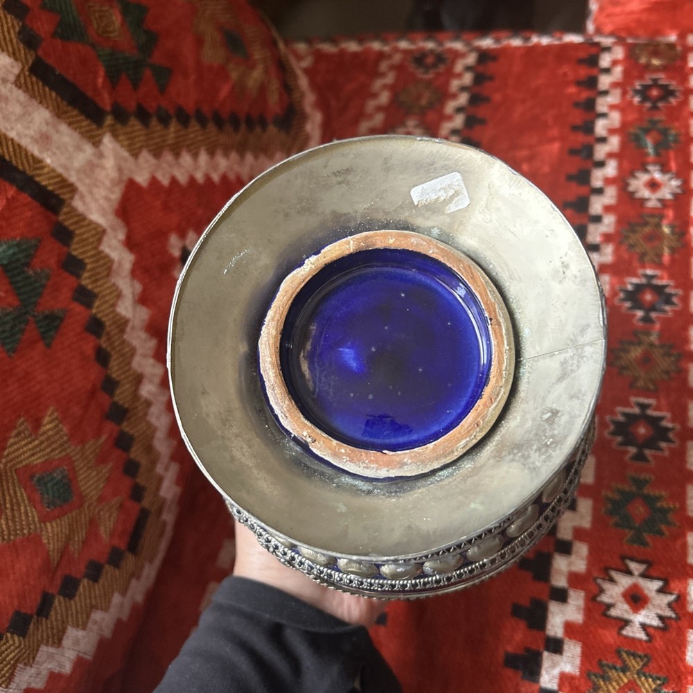 vintage Moroccan blue ceramic kettle with silver engraving