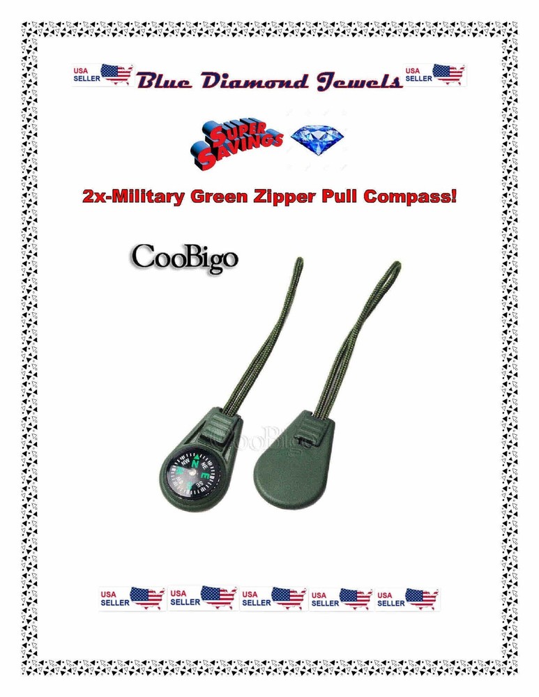 2pc Military Green Zipper Pull Mini Compass Backpack Bag  Camping US SELLER!