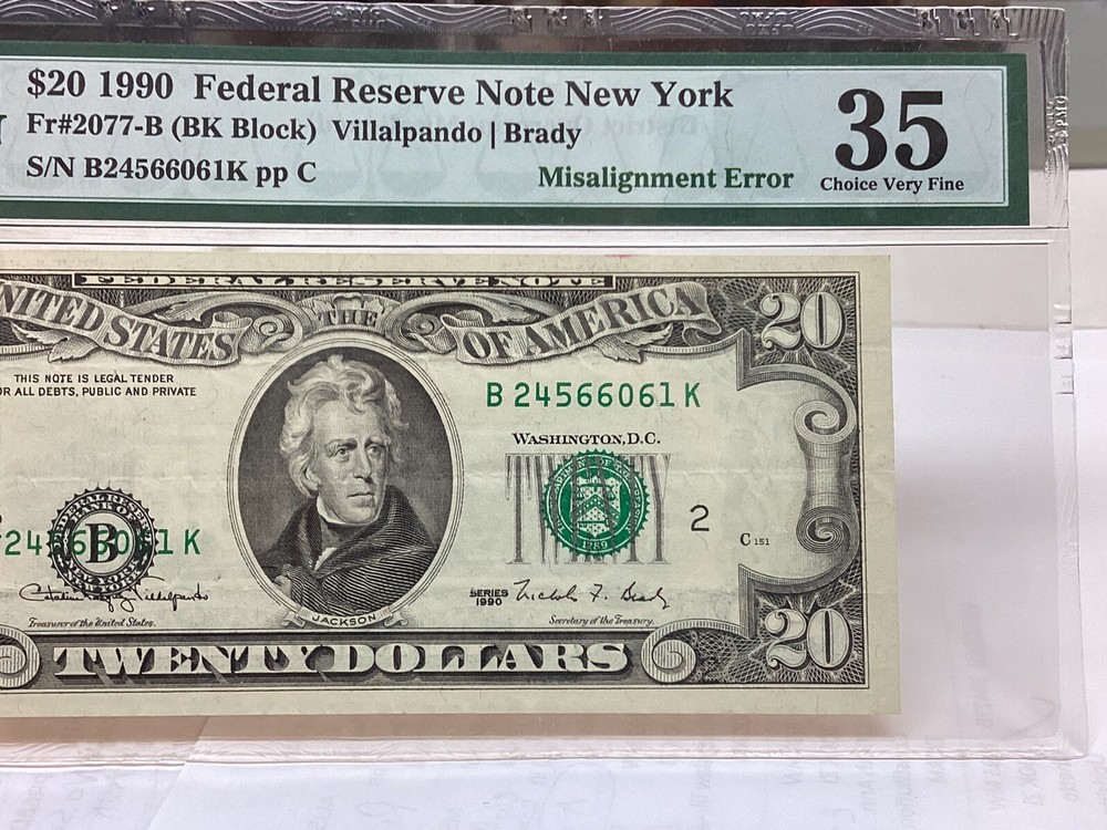 $20 1990 PMG 35 Misalignment Error District Overprint Fr#2077-B
