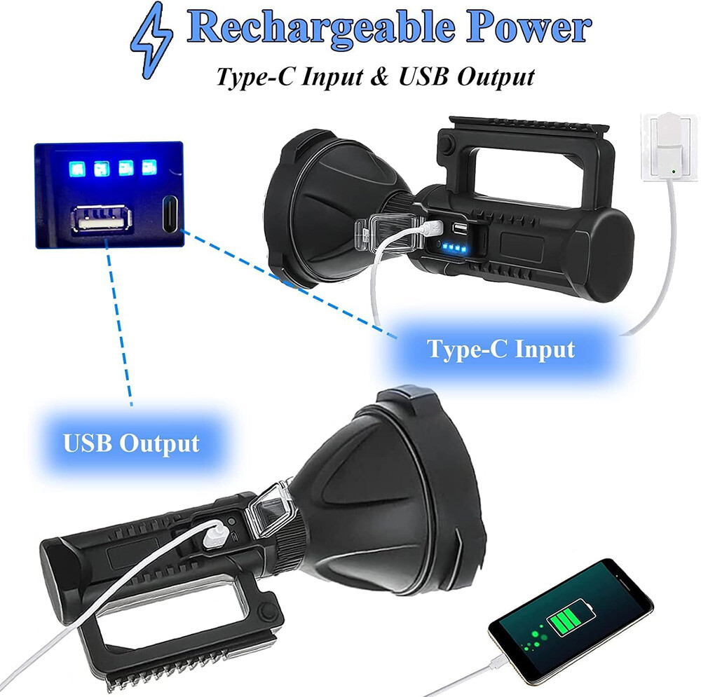 Super Bright LED Searchlight Portable Rechargeable Spotlight Handheld Flashlight