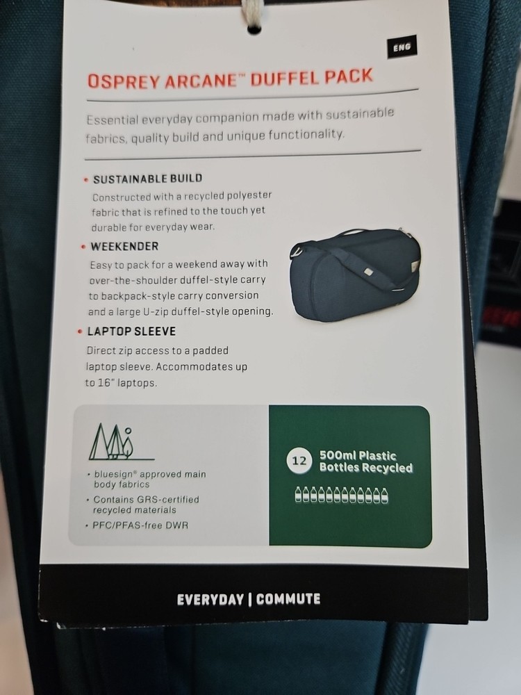 Osprey Arcane Duffel Bag/Backpack 30L. Stargazer Blue.