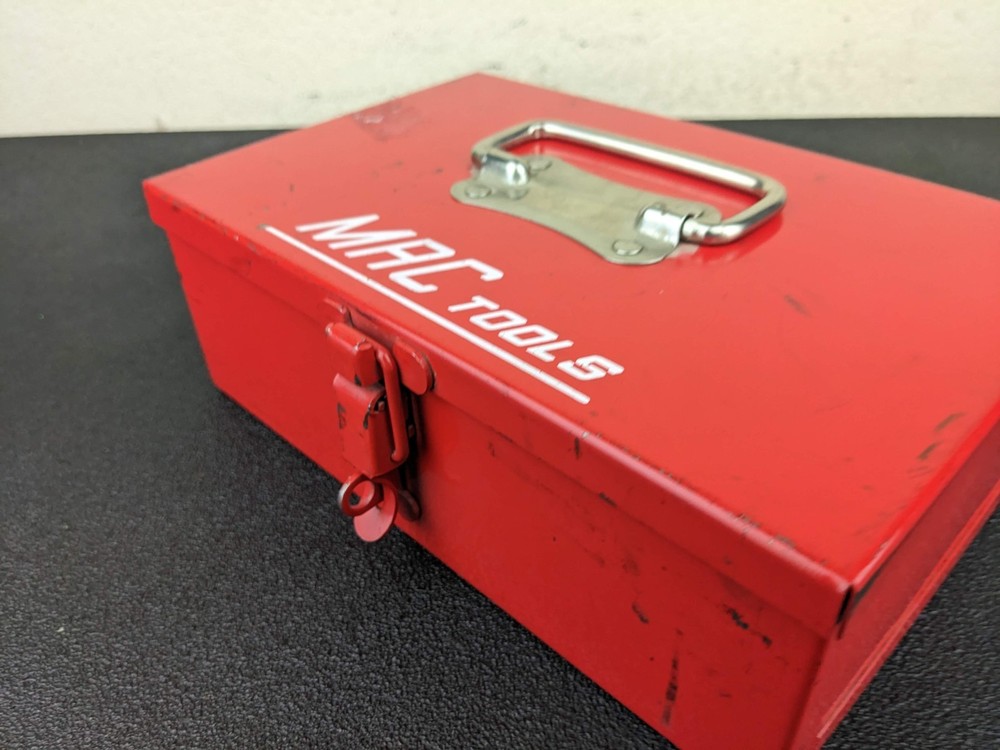 #bn739 Vintage Mac Tools Red Metal ToolBox Hinged Lid Rectangular