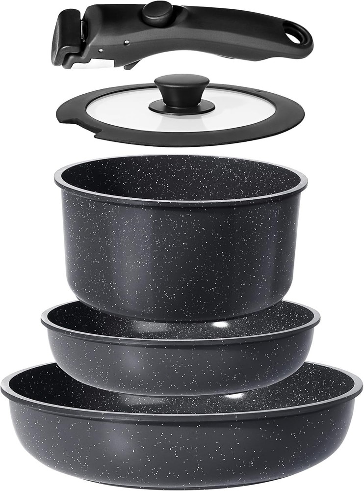 5-Piece Non-Stick Ceramic Cookware Set with Detachable Handle & Dishwasher Safe