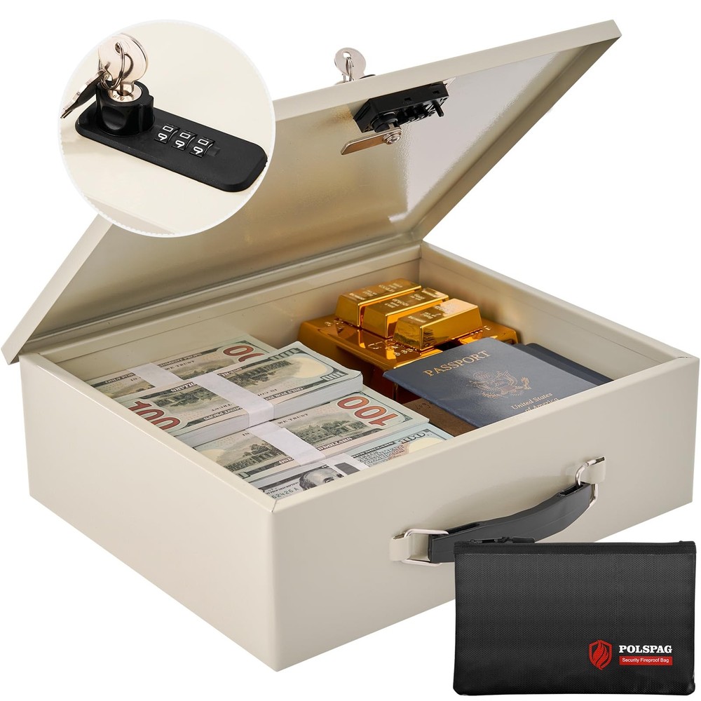 Fireproof Document Box with Key Lock & Large, White-Combination