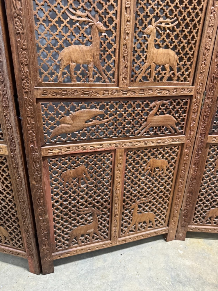 Mid-Century Carved Folding Four Panel Room Divider Screen