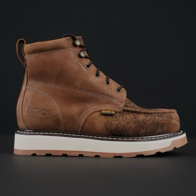 MENS PATRON BROWN LEATHER WORK BOOTS AZTEC ENGRAVED MOC TOE DURABLE SOFT TOE