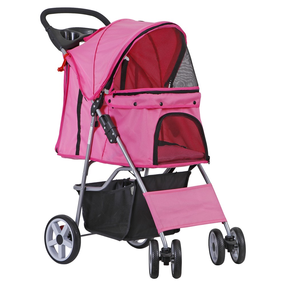 4 Wheel Pet Stroller Foldable Dog Stroller Cat Stroller with Storage Basket Pink
