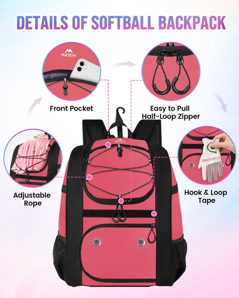 Softball Bag, Lightweight Baseball Backpack with Shoe Compartment, Baseball Bag