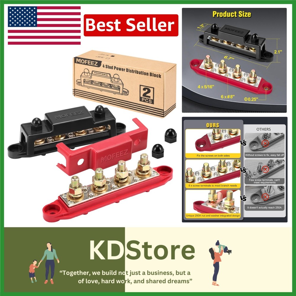 Power Distribution Block 4x5/16" Posts 250A Max 48V Panel Mount Pair Red Black