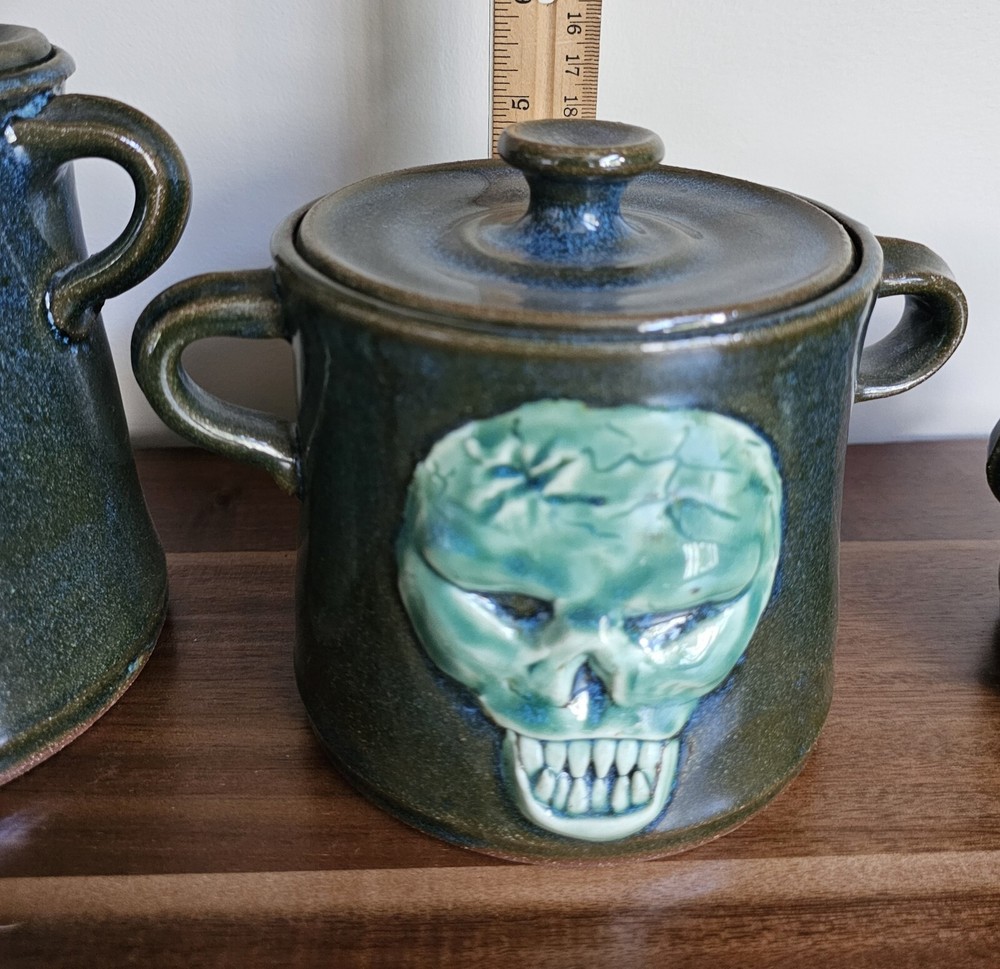 Scull Handmade Pottery 3 Canisters Green Jar Storage Unique