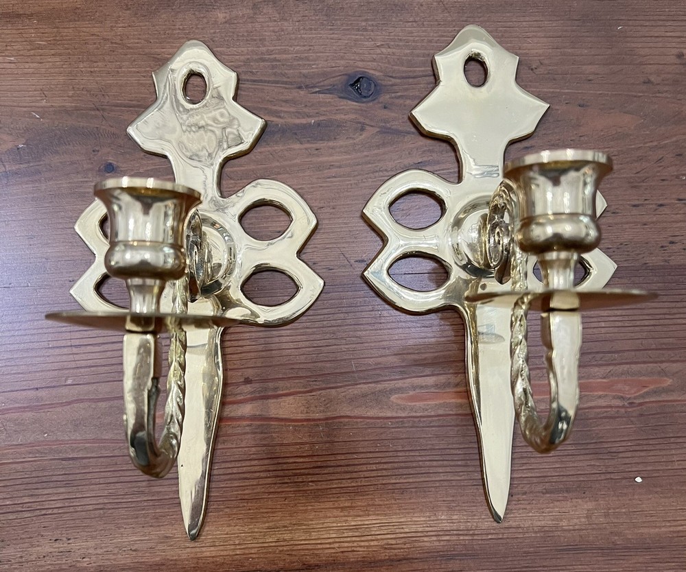 vintage mcm brass scroll candle sconces set (2)  9” tall